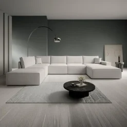 Meubella - Manolo - Hoekbank 5-zits met chaise longue - Stof beige - Rechts