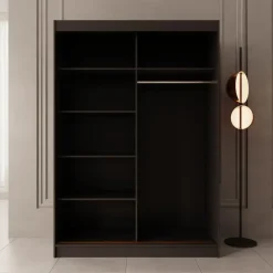 Meubella - Moniq - Kledingkast met schuifdeuren - Zwart - 150x65x215 cm