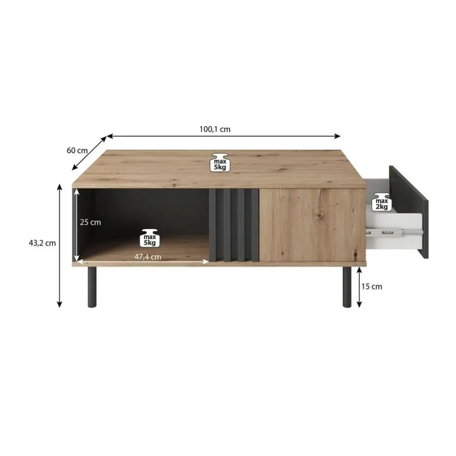 Meubella - Salontafel Marcos - Eiken - Antraciet - 100 cm