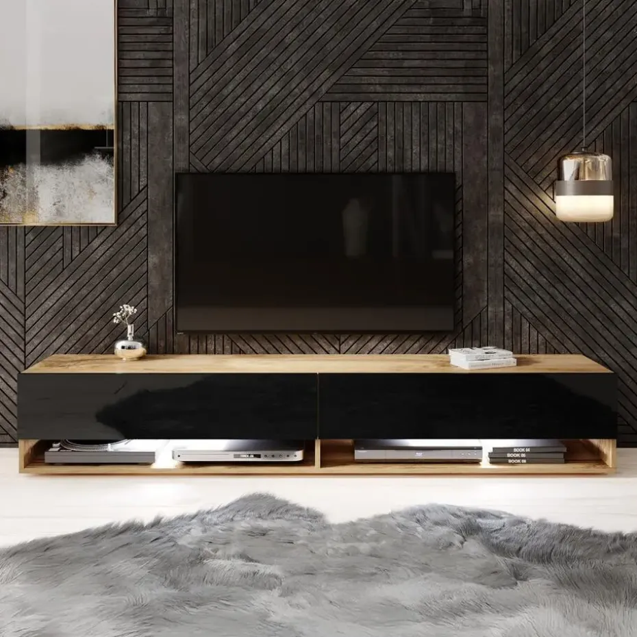 Meubella - TV-Meubel Asino LED - Zwart - Eiken - 180 cm