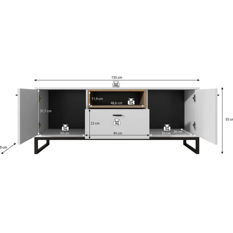 Meubella - TV-Meubel Ozzy - Eiken - Zwart - 135 cm