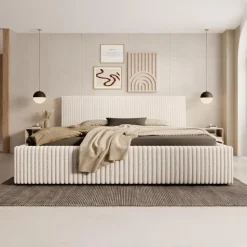 Meubella - Tweepersoonsbed Infinity - Beige - Fluffy ribstof - 180x200 cm