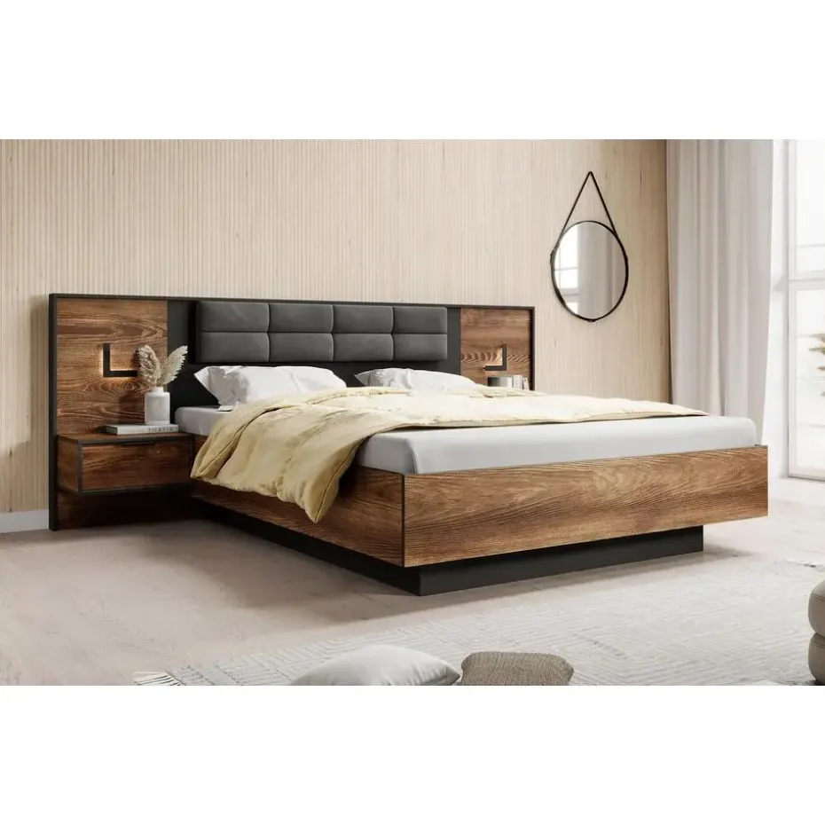 Meubella - Tweepersoonsbed Mulvey - Eiken - Antraciet - 160x200 cm