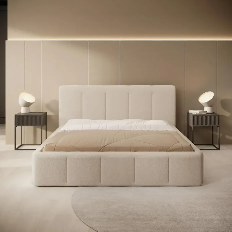 Meubella - Tweepersoonsbed Excalibur - Beige teddystof - 160x200 cm