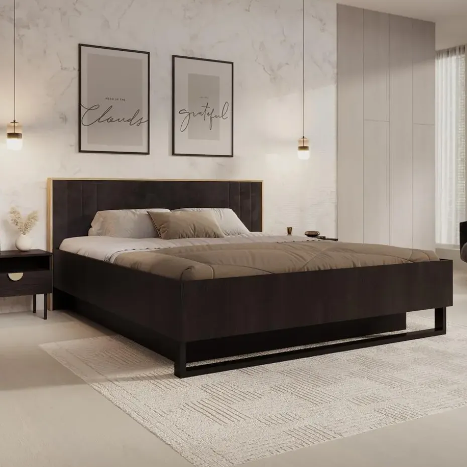 Meubella - Tweepersoonsbed Monor - Zwart eiken - 180x200 cm - Met gaslift