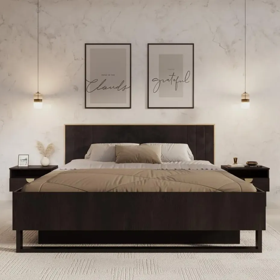 Meubella - Tweepersoonsbed Monor - Zwart eiken - 180x200 cm - Met gaslift