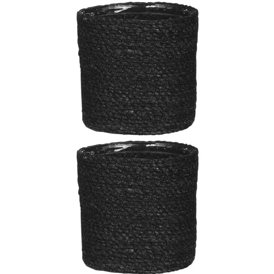 Mica Decorations Bloempot - rotan - zwart - jute - 14 x 14 cm