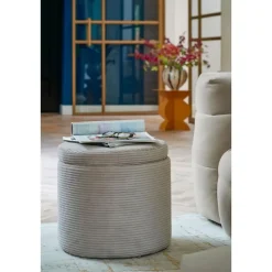 Mica Decorations Poef met Opbergruimte - H41 x Ø42 cm - Off-white