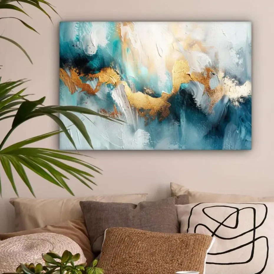 MuchoWow Canvas Schilderij 90x60cm Abstract Kunst Gold Blauw
