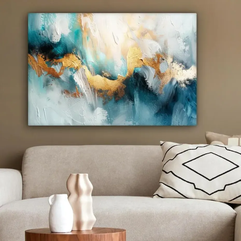 MuchoWow Canvas Schilderij 90x60cm Abstract Kunst Gold Blauw