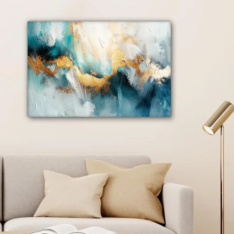 MuchoWow Canvas Schilderij 90x60cm Abstract Kunst Gold Blauw