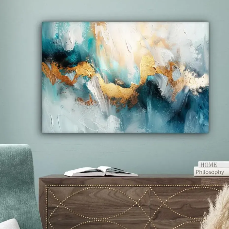 MuchoWow Canvas Schilderij 90x60cm Abstract Kunst Gold Blauw