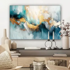 MuchoWow Canvas Schilderij 90x60cm Abstract Kunst Gold Blauw