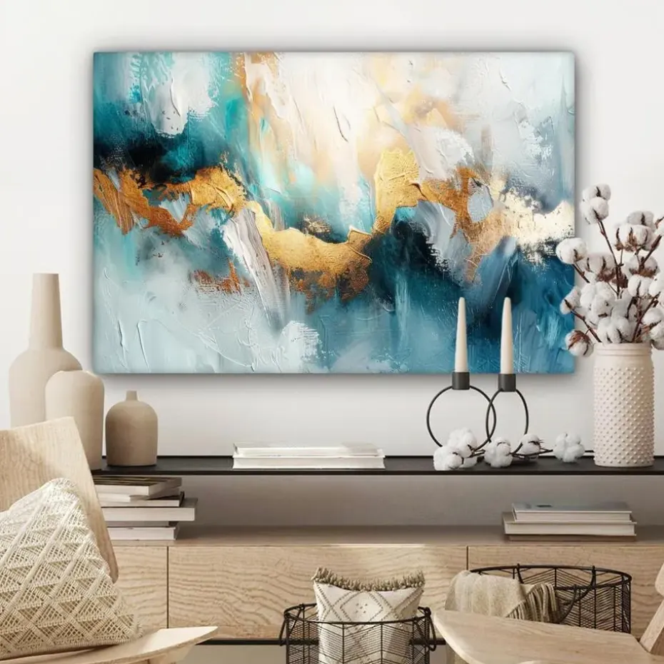 MuchoWow Canvas Schilderij 90x60cm Abstract Kunst Gold Blauw