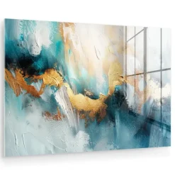 MuchoWow Glasschilderij 90x60cm Abstract Kunst Gold Blauw