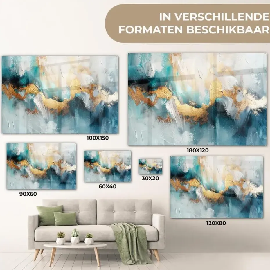 MuchoWow Glasschilderij 90x60cm Abstract Kunst Gold Blauw