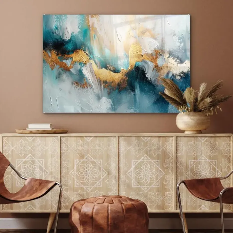 MuchoWow Glasschilderij 90x60cm Abstract Kunst Gold Blauw