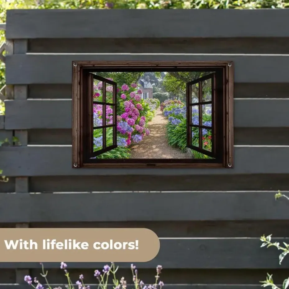 MuchoWow Tuinposter 90x60cm Hortensia Doorkijk Bloemen Paars