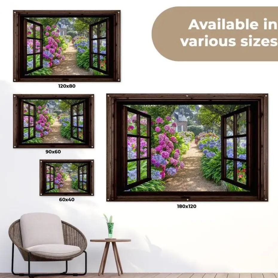 MuchoWow Tuinposter 90x60cm Hortensia Doorkijk Bloemen Paars