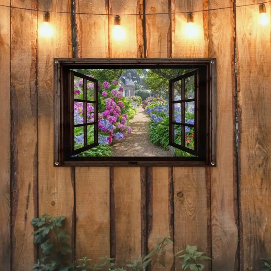 MuchoWow Tuinposter 90x60cm Hortensia Doorkijk Bloemen Paars