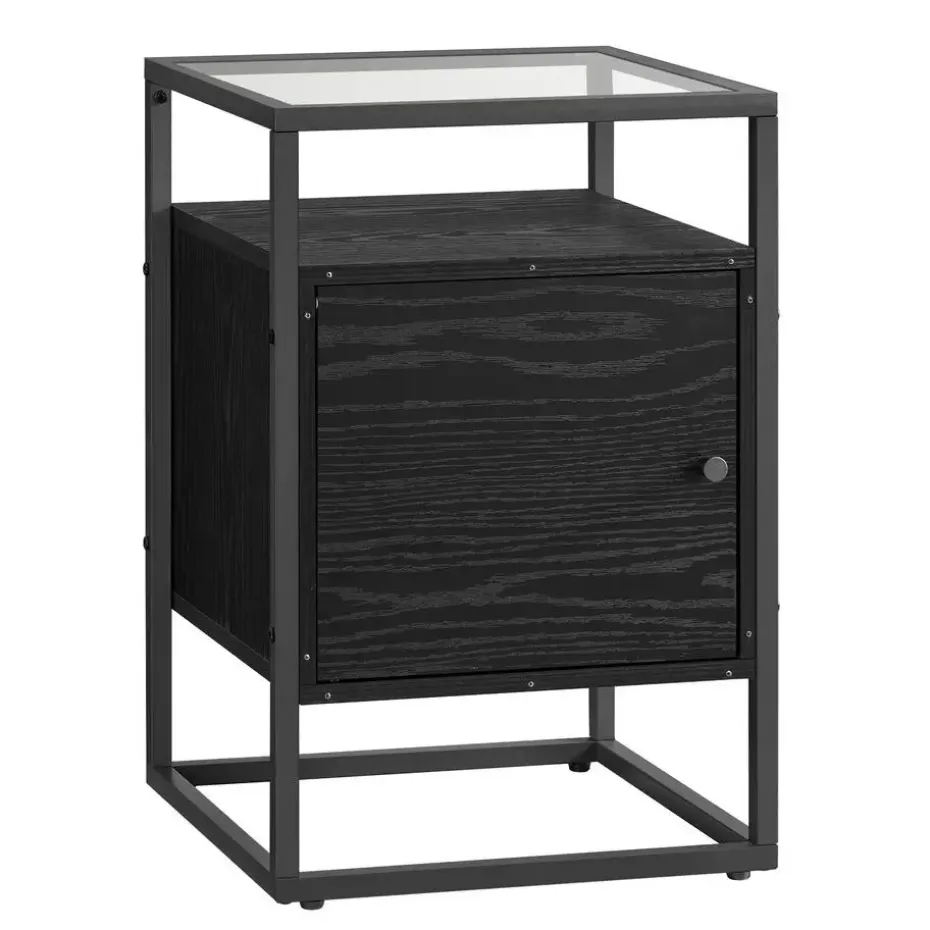 Nachtkastje - Nachtkastjes industrieel - Hout en gehard glas - Zwart