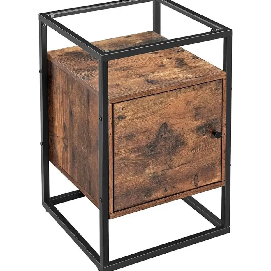 Nachtkastje - uit hout en gehard glas - met kast - industriële stijl - Bruin