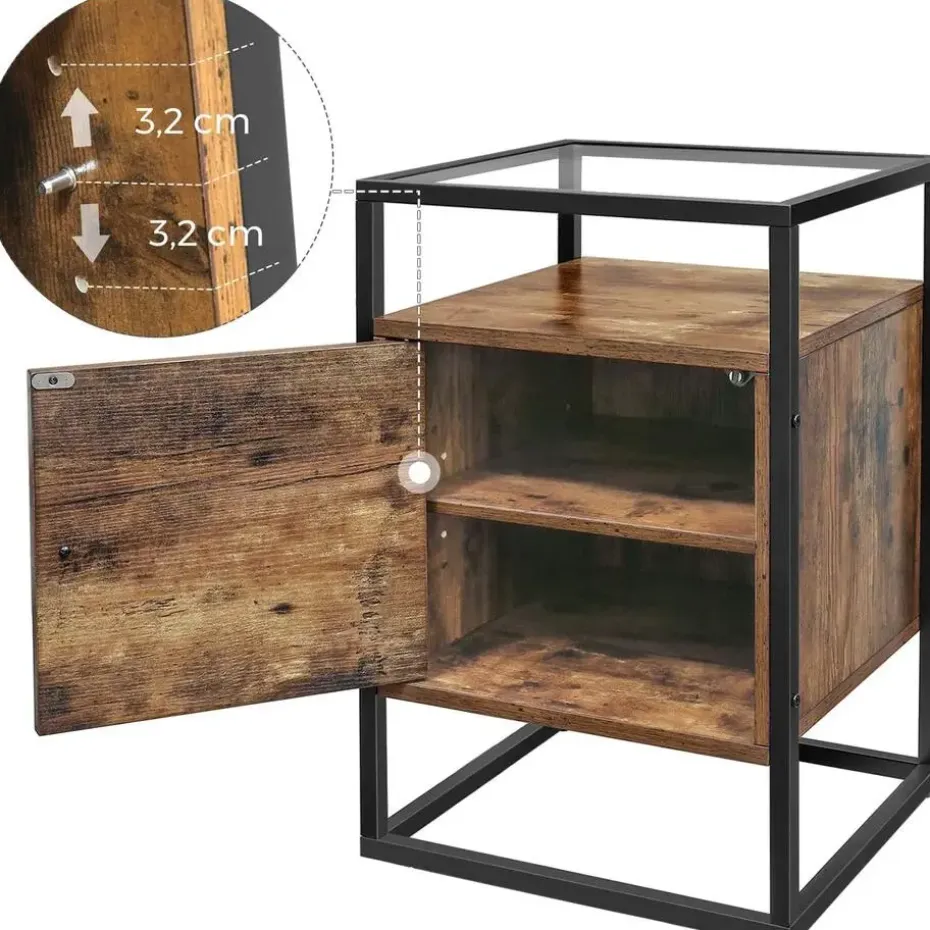 Nachtkastje - uit hout en gehard glas - met kast - industriële stijl - Bruin
