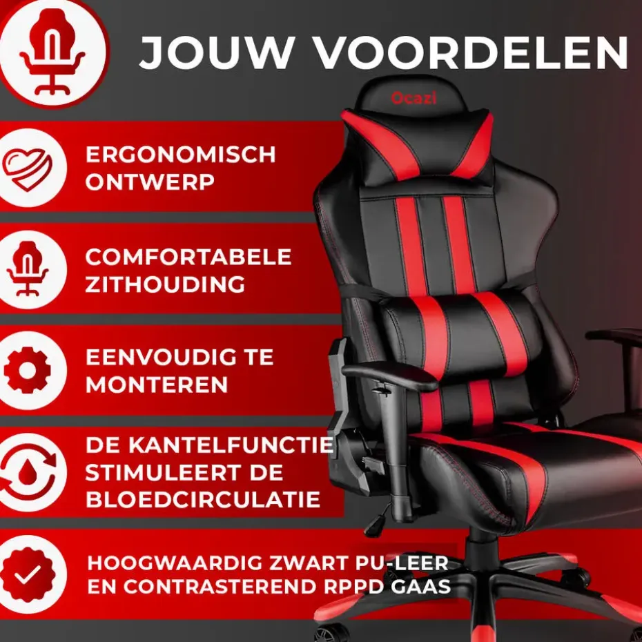 Ocazi Chicago Gaming stoel - Bureaustoel - Zwart/Rood