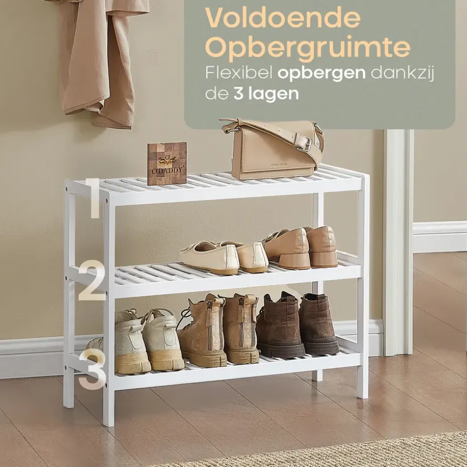 O'DADDY Bamboe Schoenenrek - 3 Laags - Voor 12 Paar - Wit - 70x26x55 cm