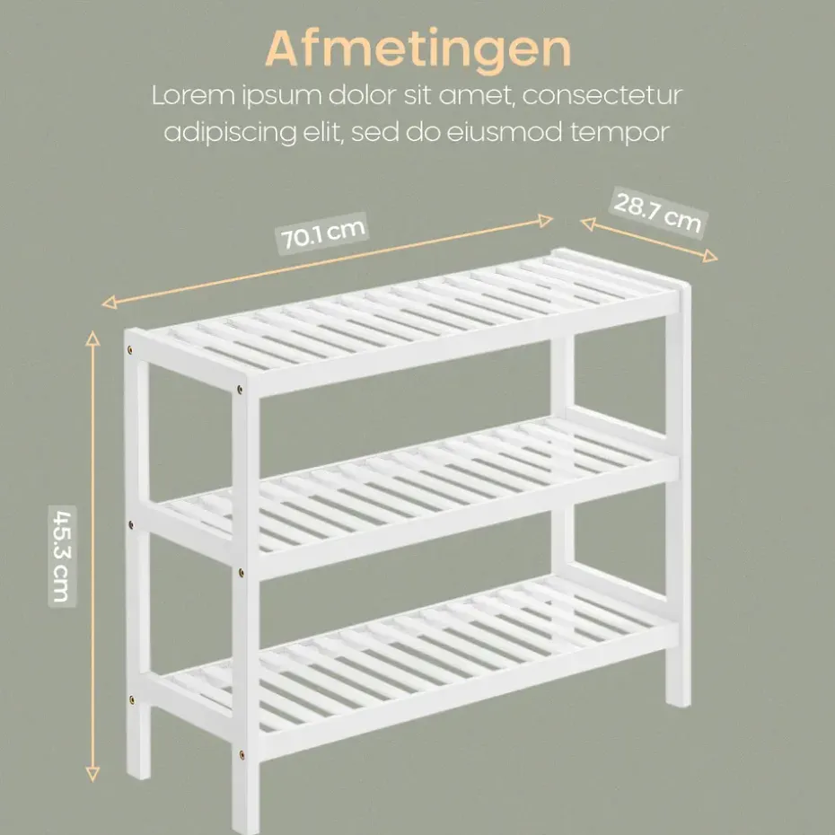 O'DADDY Bamboe Schoenenrek - 3 Laags - Voor 12 Paar - Wit - 70x26x55 cm