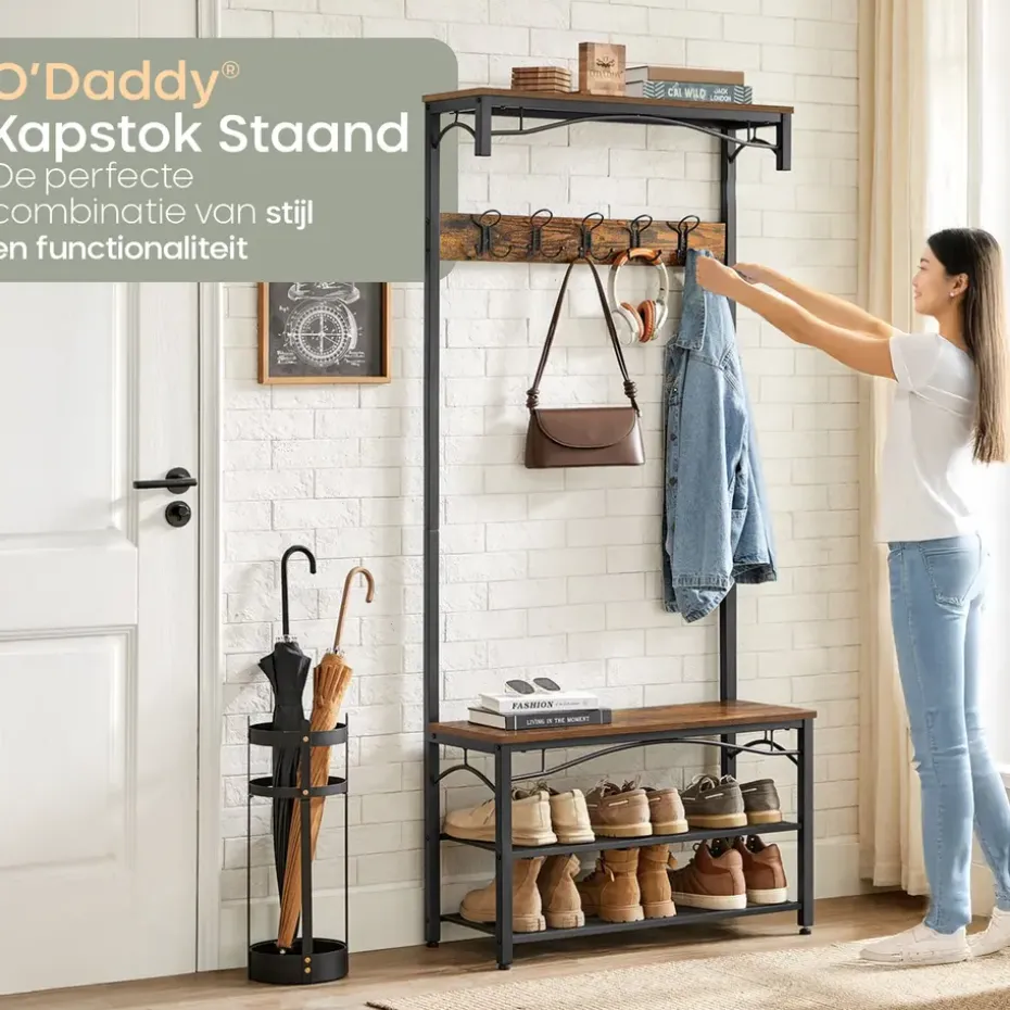 O’DADDY Kapstok met Schoenenrek – 15 Haken – 2-Laags – 80x32x178,5 cm