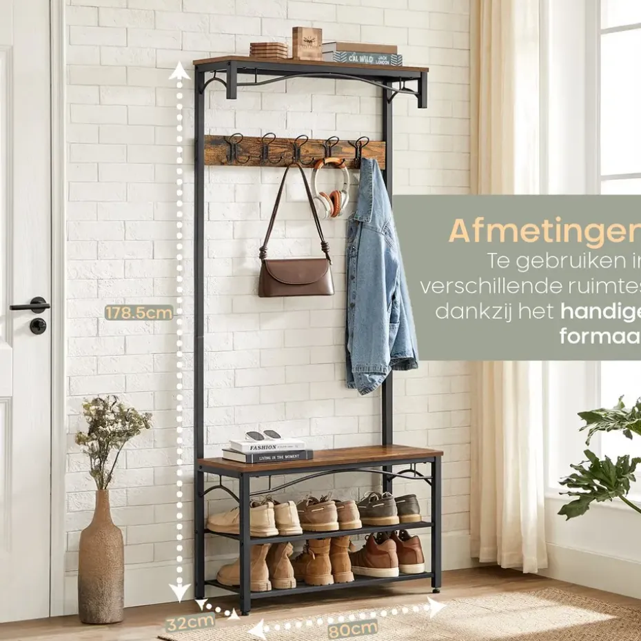 O’DADDY Kapstok met Schoenenrek – 15 Haken – 2-Laags – 80x32x178,5 cm