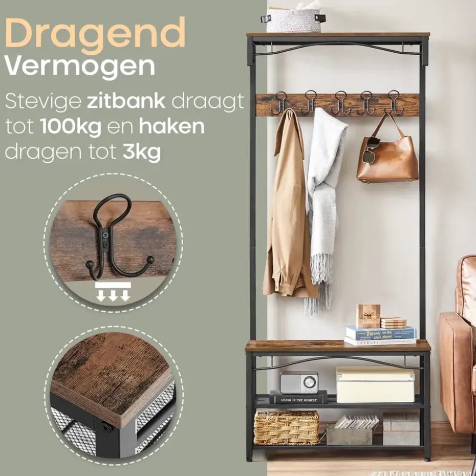 O’DADDY Kapstok met Schoenenrek – 15 Haken – 2-Laags – 80x32x178,5 cm