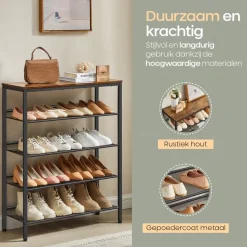 O'DADDY Schoenenrek 5-Laags - Industrieel Design - Bruin Hout/Zwart Metaal