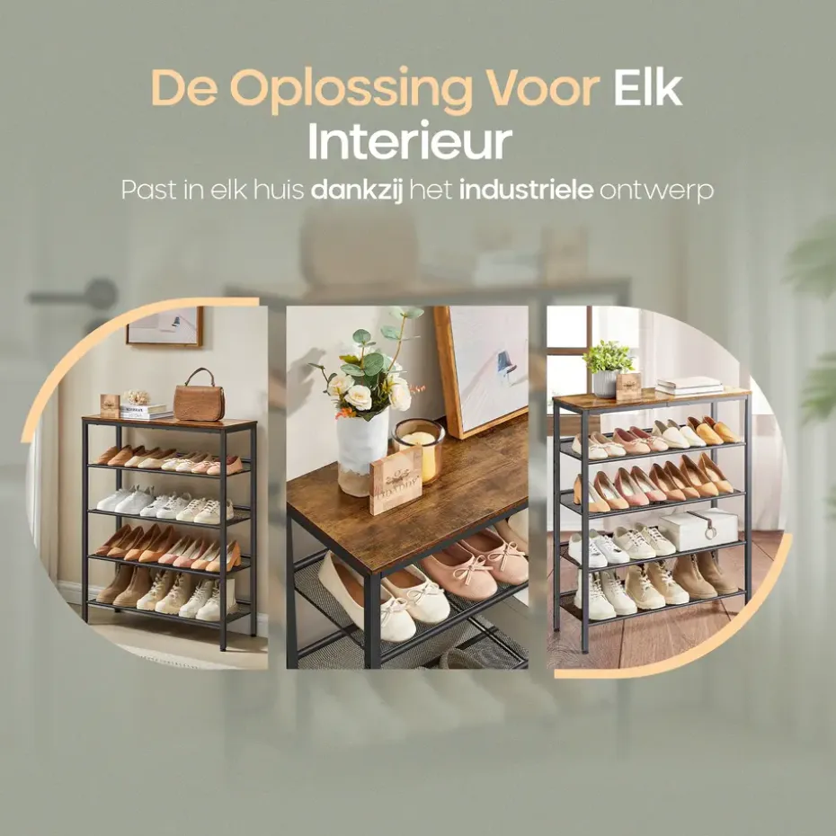 O'DADDY Schoenenrek 5-Laags - Industrieel Design - Bruin Hout/Zwart Metaal