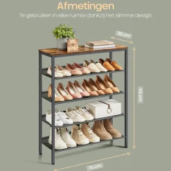 O'DADDY Schoenenrek 5-Laags - Industrieel Design - Bruin Hout/Zwart Metaal