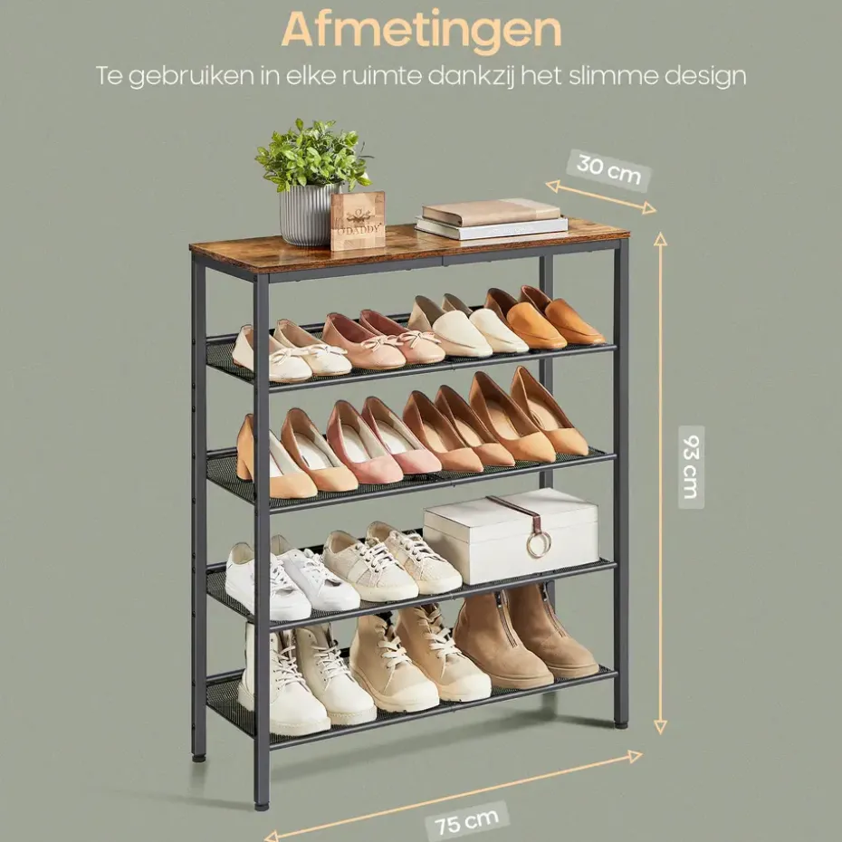 O'DADDY Schoenenrek 5-Laags - Industrieel Design - Bruin Hout/Zwart Metaal