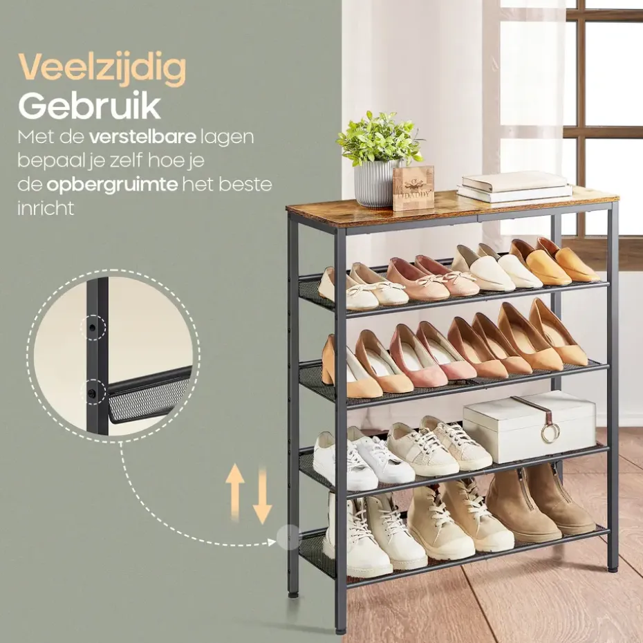 O'DADDY Schoenenrek 5-Laags - Industrieel Design - Bruin Hout/Zwart Metaal