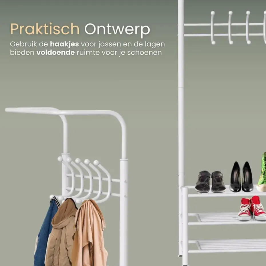 O'DADDY Staande Kapstok met Schoenenrek - Wit- 66x30x190 cm