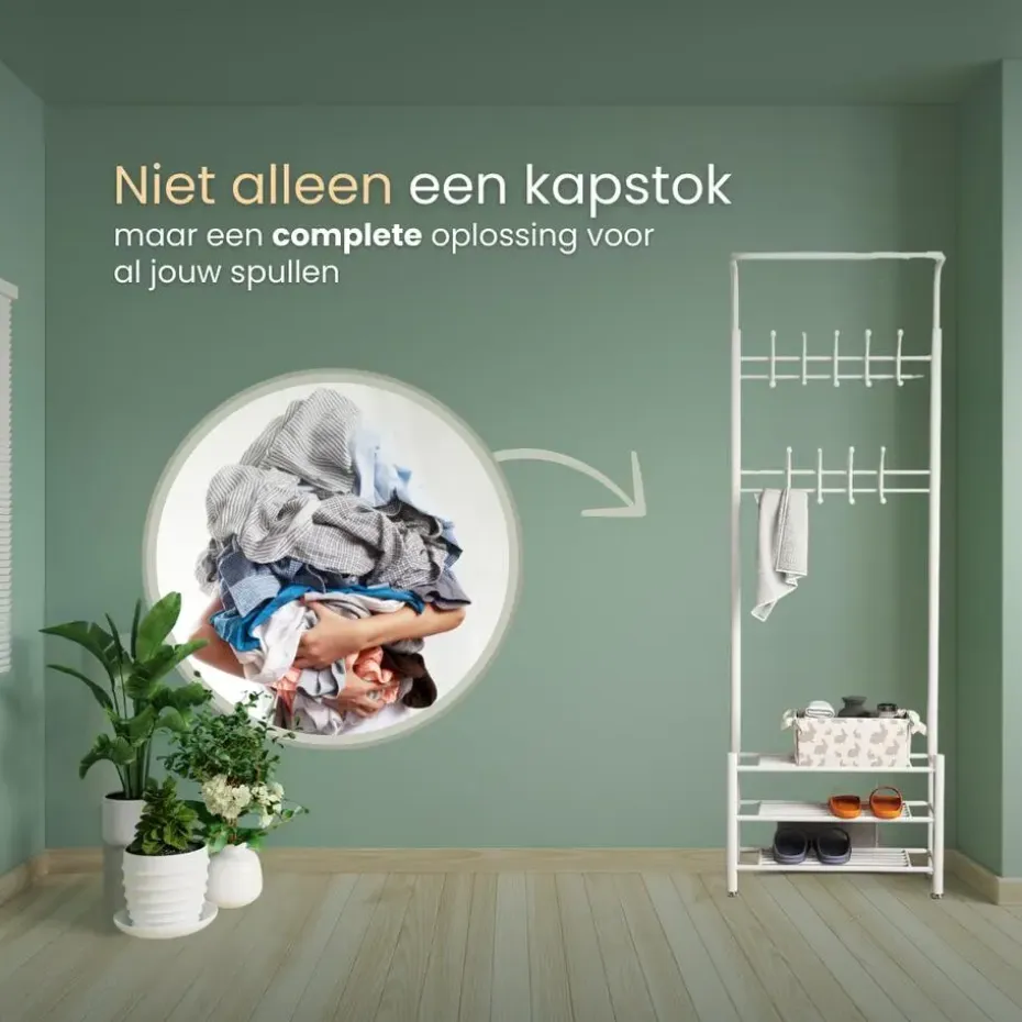 O'DADDY Staande Kapstok met Schoenenrek - Wit- 66x30x190 cm