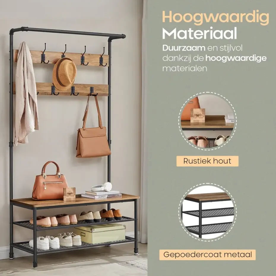 O'DADDY Staande Kapstok met Schoenenrek - 23 Haken - Bruin