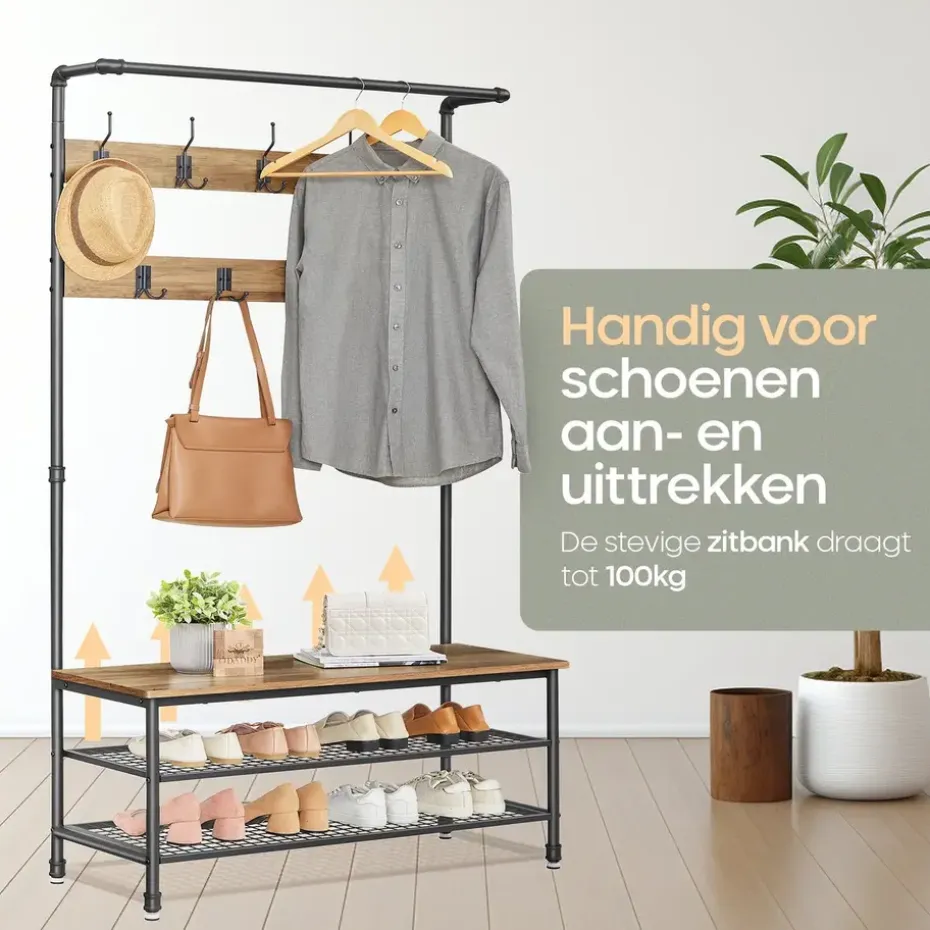 O'DADDY Staande Kapstok met Schoenenrek - 23 Haken - Bruin