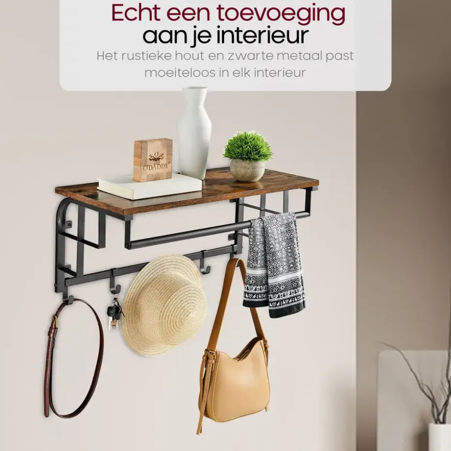 O'DADDY Wandkapstok met 5 Haken - 66x30x27 cm - Hangend - Bruin
