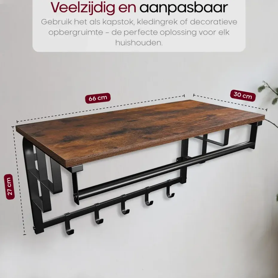 O'DADDY Wandkapstok met 5 Haken - 66x30x27 cm - Hangend - Bruin