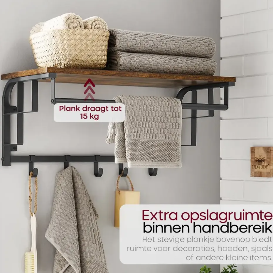 O'DADDY Wandkapstok met 5 Haken - 66x30x27 cm - Hangend - Bruin