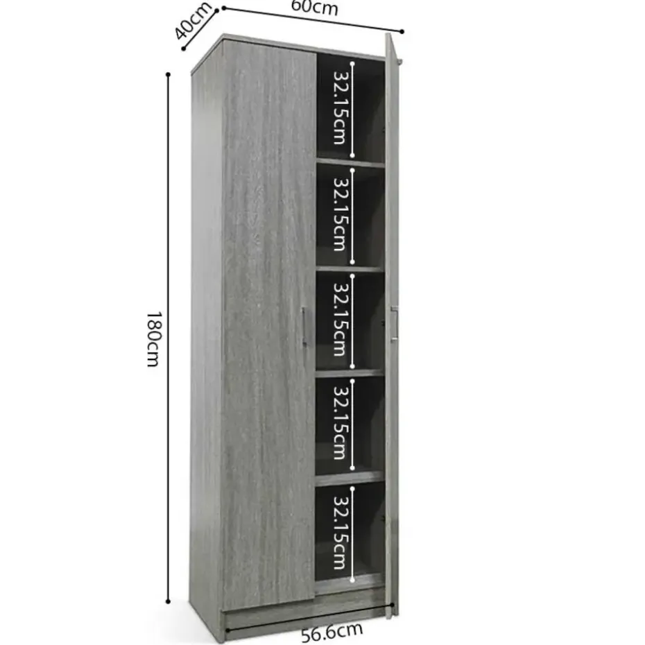 Opbergkast Ray 60cm met 2 deuren en 4 legplanken - grijze eik