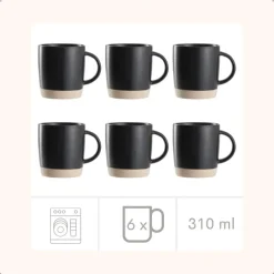 OTIX Koffiekopjes Theemokken Koffietassen Set van 6 Zwart 310 ml Aardewerk