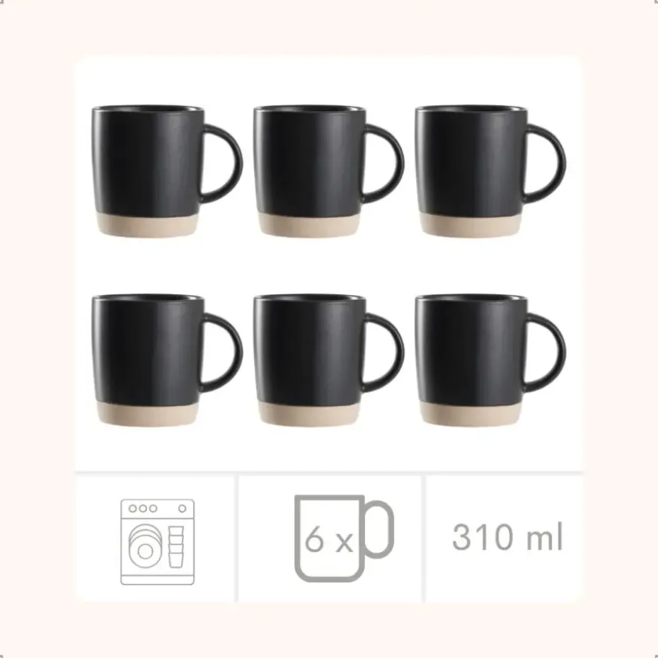 OTIX Koffiekopjes Theemokken Koffietassen Set van 6 Zwart 310 ml Aardewerk