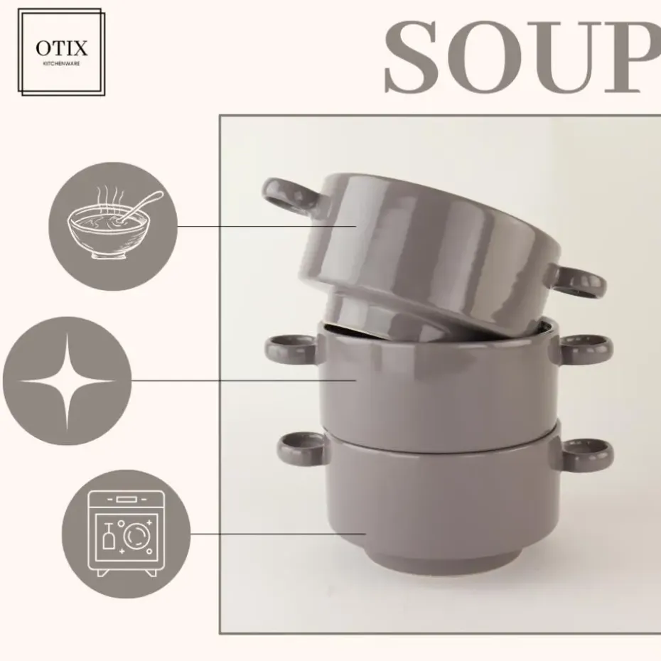 OTIX Soepkommen met Oor 6 stuks Grijs Soeptassen 510ml Aardewerk