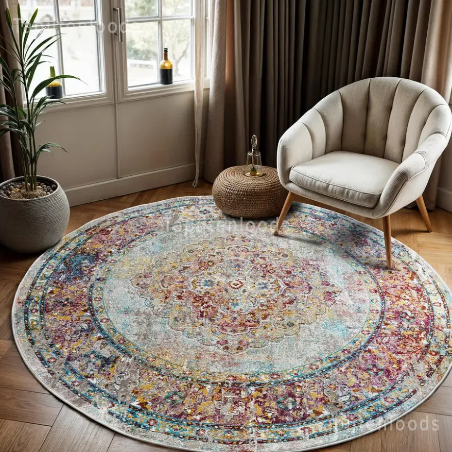 Picasso Keshan Vintage Rond Vloerkleed Multi / Beige Laagpolig - 200 CM ROND
